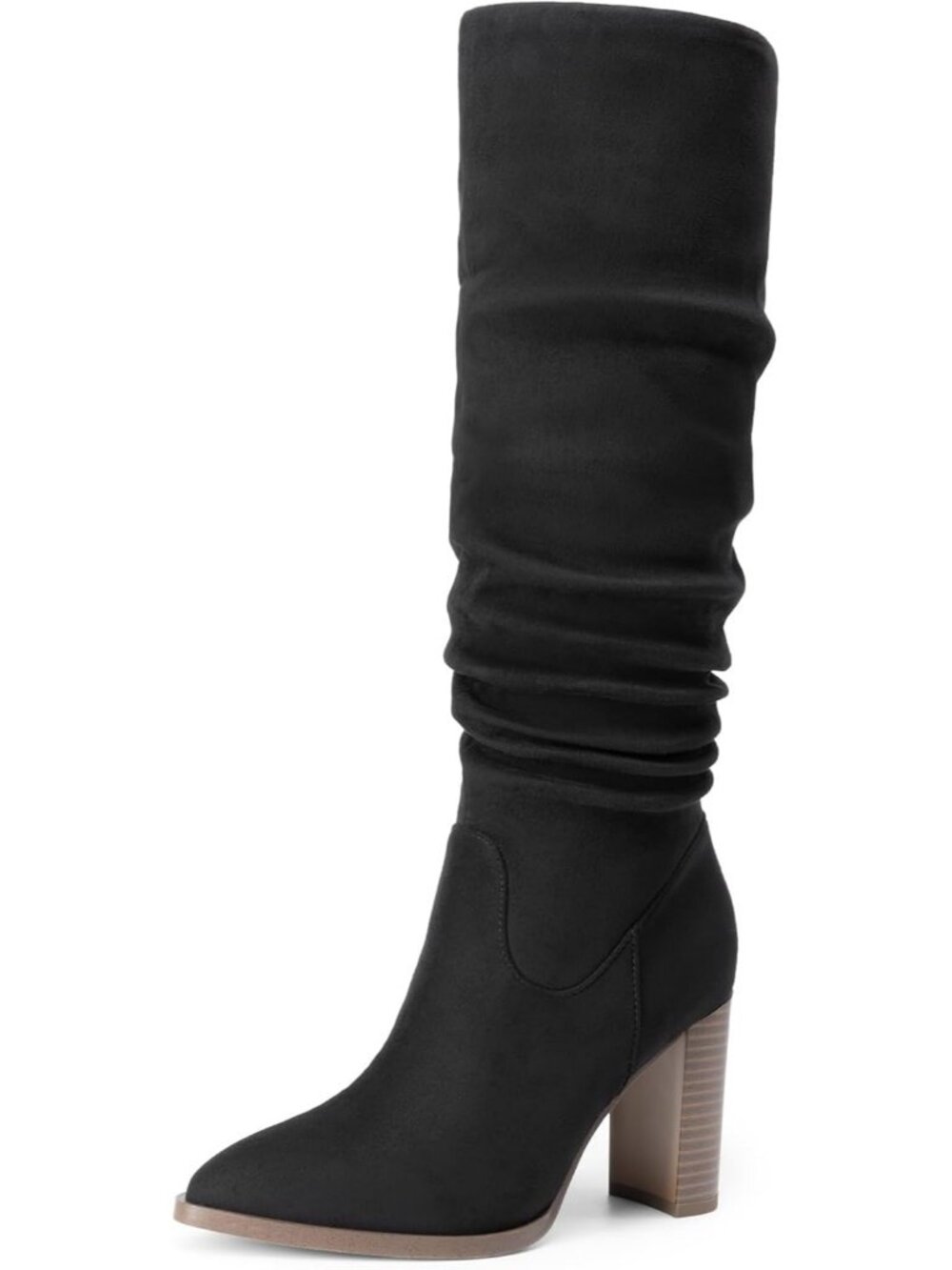 Women's Black Faux Suede High Chunky Heel Pointed Toe Comfortable Knee High Boot
